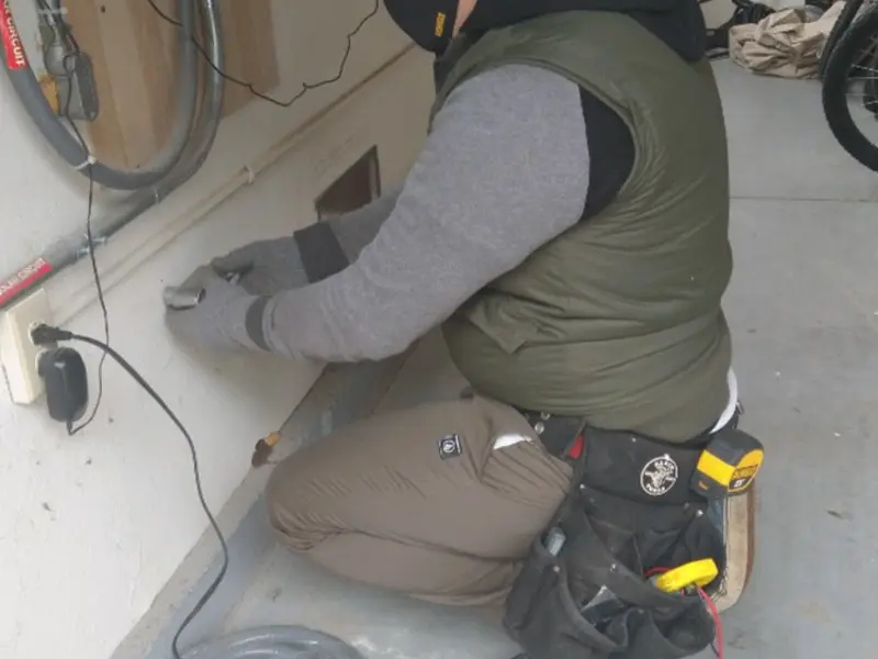 Electrician performing outlet wiring in a Park Hills garage